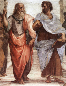 Platon i Aristotel, detalj sa slike: Rafaelo Santi, Atinska škola 1510-1511, detalj, Stanza della Signatura, Vatikan