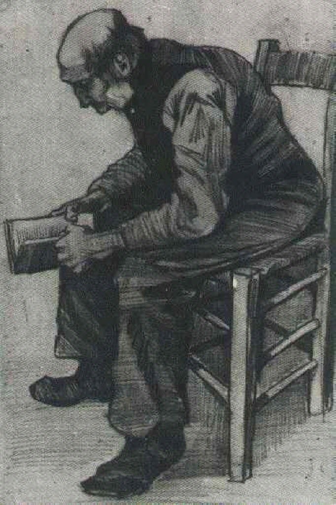 Vinsent van Gog: Čovek kji čita, 1882, public domain, Kröller-Müller Museum, Otterlo